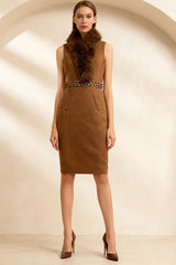 Faux Fur Sleeveless Embellished Midi Dress