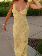 Yellow Camisole Floral Dress Slim Fit Fairycore Floral Dress