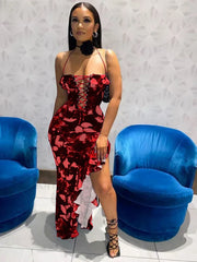 Hollow-Out Lace-Up Floral Dress