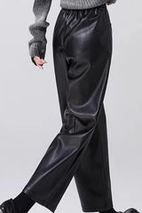 Slim PU Leather Elastic Waist Straight Pants