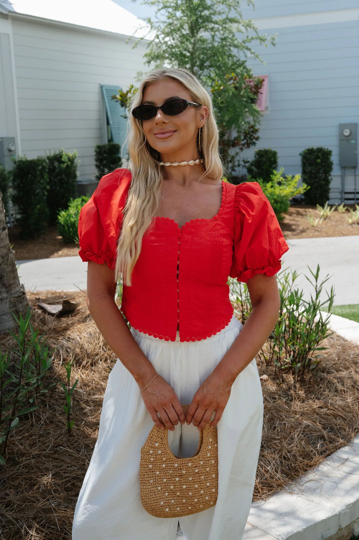 Clara Scalloped Lace Trim Top-Red