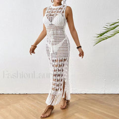 Backless Tassel Solid Dress Cover Up