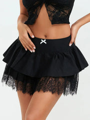 Goth Black Bow Trim A-line Skirt