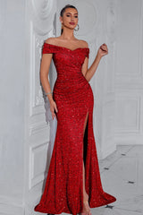 Sequin Off Shoulder Split Party Dress