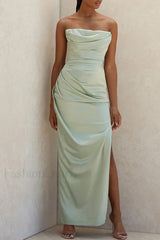 Satin Tube Top Halter Split Knee-Length Sexy Evening Maxi Dress