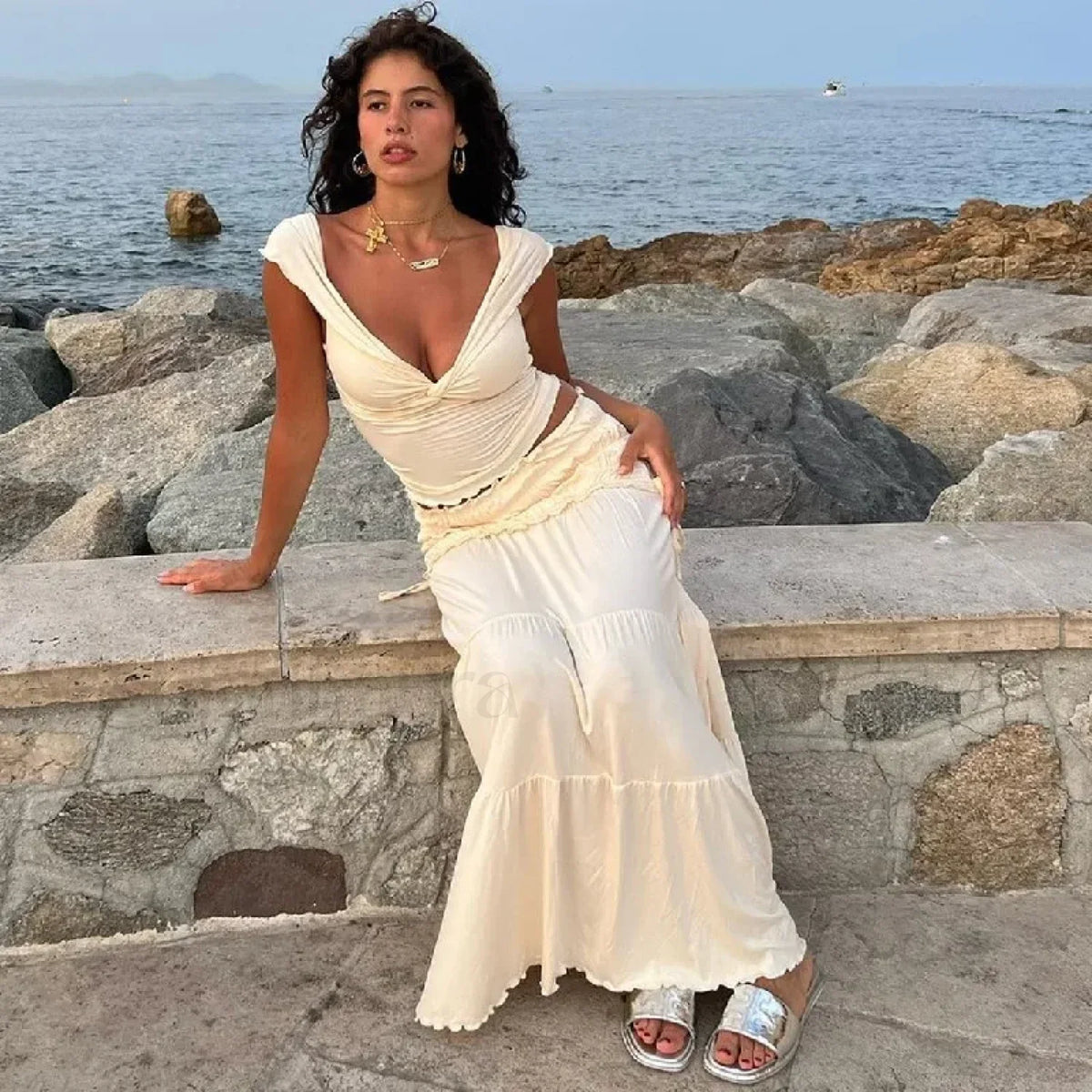 Solid Ruffle Maxi Skirt Knit Two Piece Set