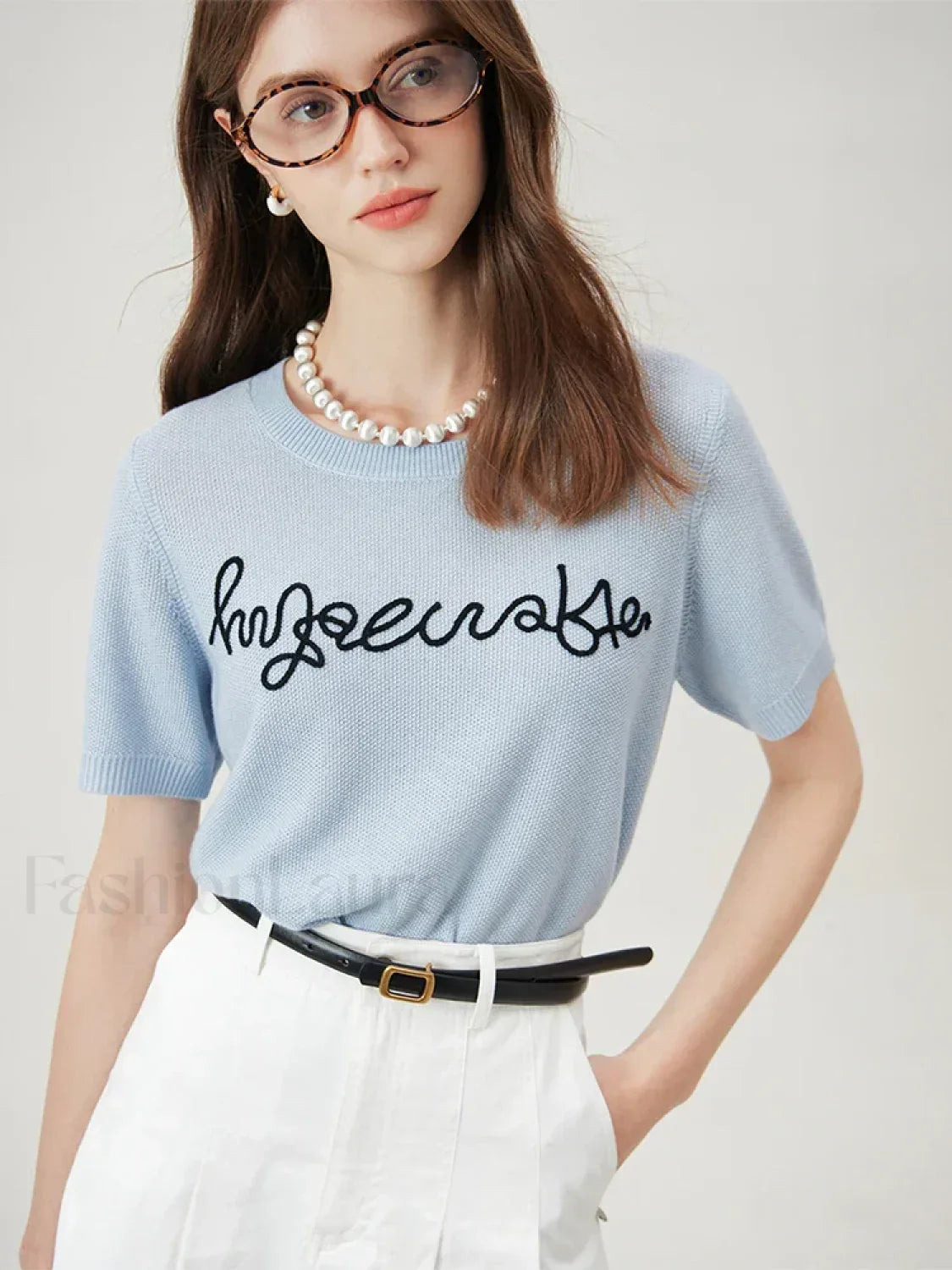 Blue Letter Embroidery Knit T-Shirt