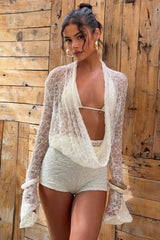 Plunge Neck Cutout Lace Sleeve Bodysuit Shorts Set