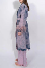 Denim Ostrich Feather Trim Belted Overcoat