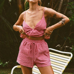 Vintage Plaid V-neck Backless Camisole Elastic Waist Shorts Two Piece Set