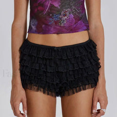 Y2K Kawaii Solid Color Fairy Tiered Ruffled Lace Elastic Low Waist Shorts