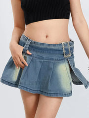 Low Waist Denim Pleated Streetwear Skirt