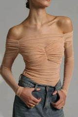 Off Shoulder Sheer Mesh Bodycon Long Sleeve Tee