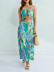 Halterneck Floral Slit Maxi Dress