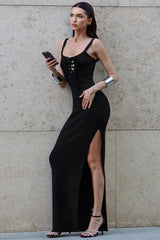 French Style V-Neck Strappy High Split Waist-Wrap Maxi Dress