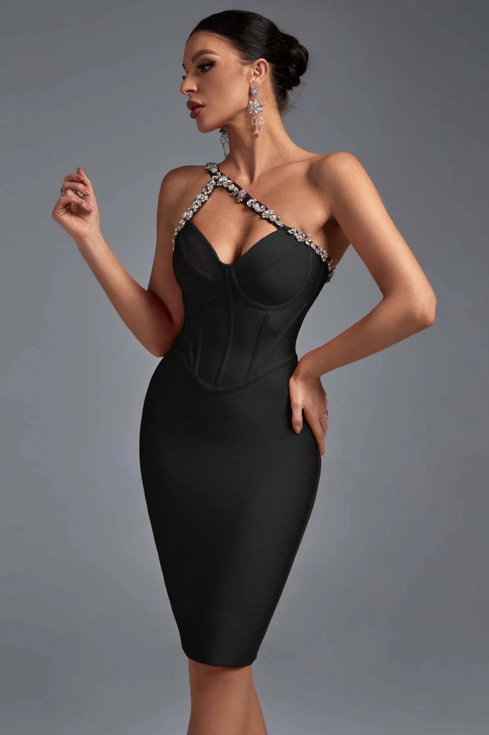 Crystal One-Shoulder Bandage Cocktail Dress