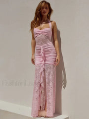 Lace Patchwork Ruched Maxi Dress