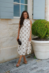 Ruffle Neck Midi Dress-Brown Polka Dot