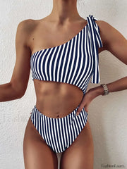 Striped One Shoulder High Cut One Piece