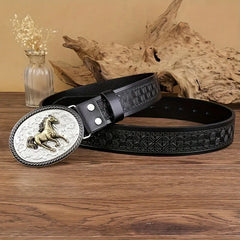 Vintage Horse Buckle Faux Leather Belt
