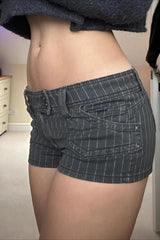 Striped Colorblock Low Rise Double Breasted Denim Shorts