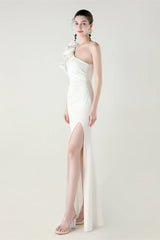 Ruffled Floral One Shoulder Satin Party Dress