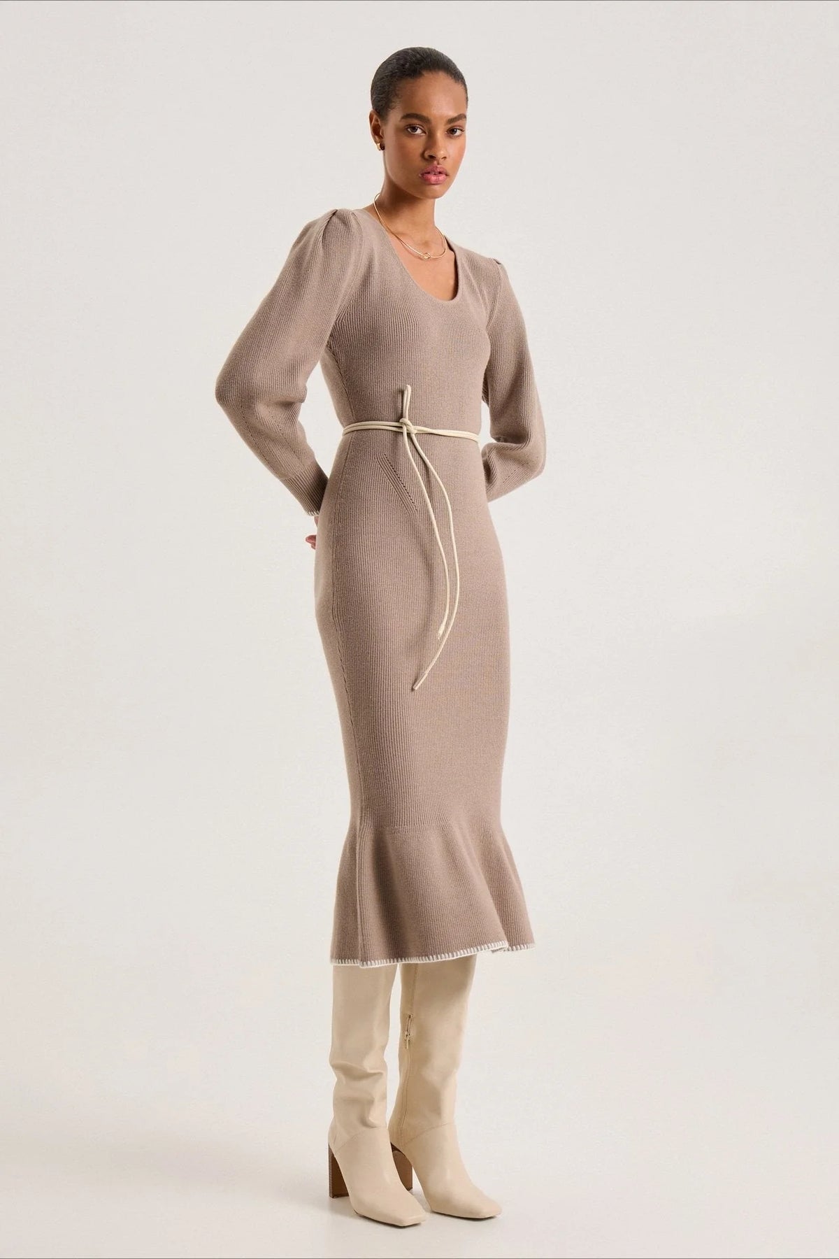 Contrast Trim Ruffle Sweater Dress