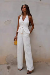 Open Back Halter Two Piece Vest Pants Set