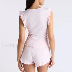Ruffles Button Front Tank Top Shorts Two Piece Set