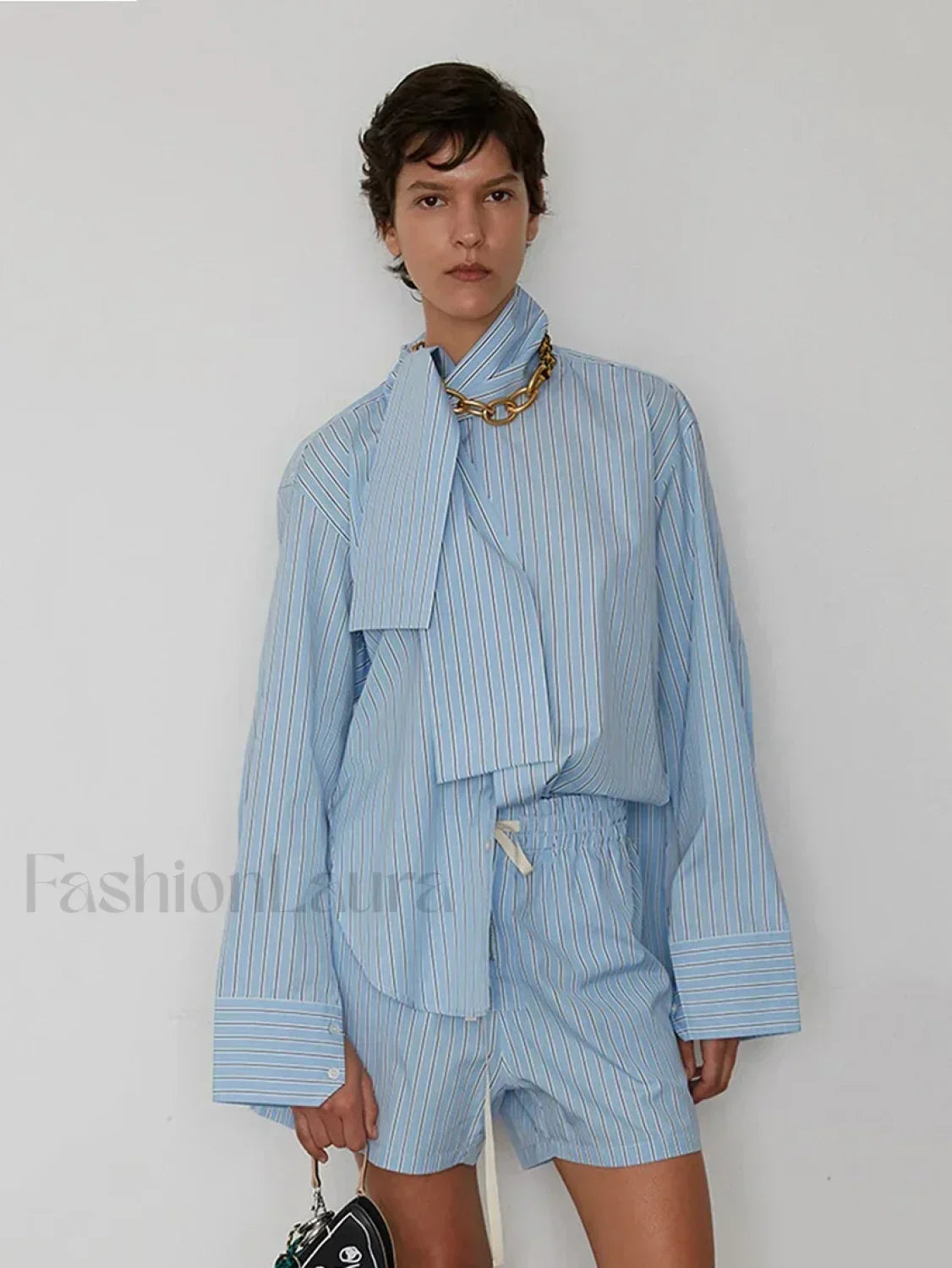 Striped Long Sleeve Collar Shorts Two Piece Set