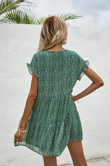 Elegant Leopard Print Floral Prints Summer Women 2024 New Loose V-Neck Ruffled Short Sleeved Mini Dress