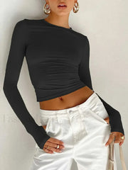 Fashion Women Long Sleeve Crew Neck Crop Top