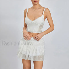 Lace Trim Sleeveless Crop Cami Mini Skirt Two Piece Set