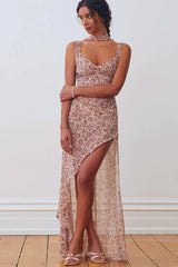 Strap Backless Slit Slim Floral Dress