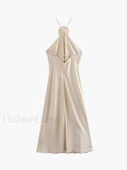 Satin Rosette Decor Halter Midi Dress