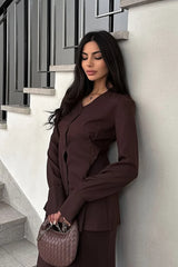 V Neck High Waist Fishtail Two Piece Blazer Skirt Set