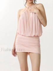 Spliced Lace Halter Dress Two Piece Set