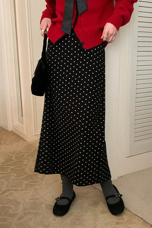 High Waist Polka Dot Back Slit Skirt