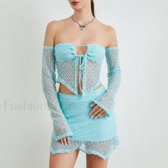 Sexy Crochet Knit Bodycon Skirt Two Piece Set