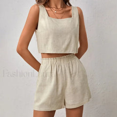 Cotton Linen Backless Pocket Shorts Two Piece Set