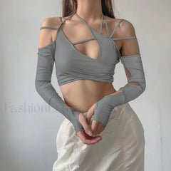 Punk Y2K Gothic Slim Fit Hollow Out Long Sleeve T-shirt Crop Top