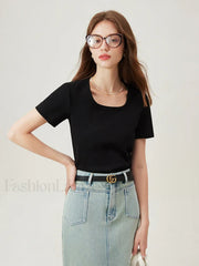 Casual Grey Cotton Elastic Neck T-Shirt