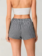 Summer Plaid Print Elastic Waist Loose Fit Casual Streetwear Short