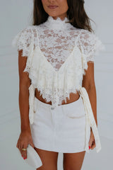 High Neck Ruffle Lace Top-Cream