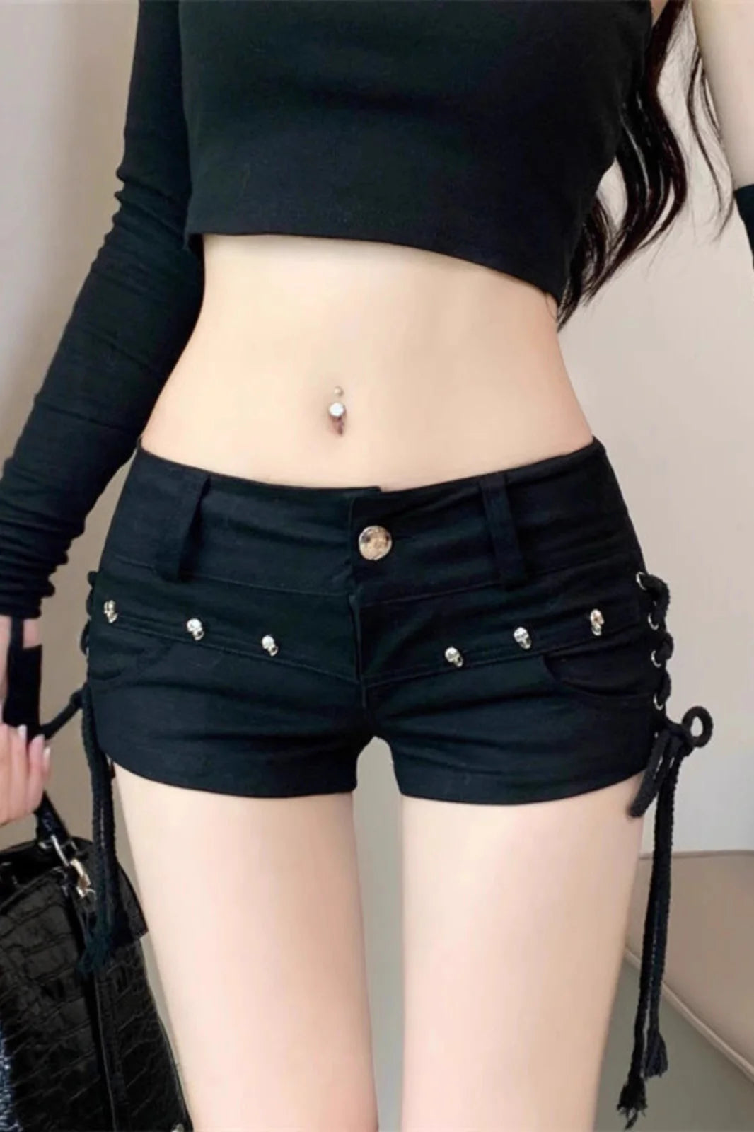 Studded Low Rise Slim Fit Denim Casual Shorts