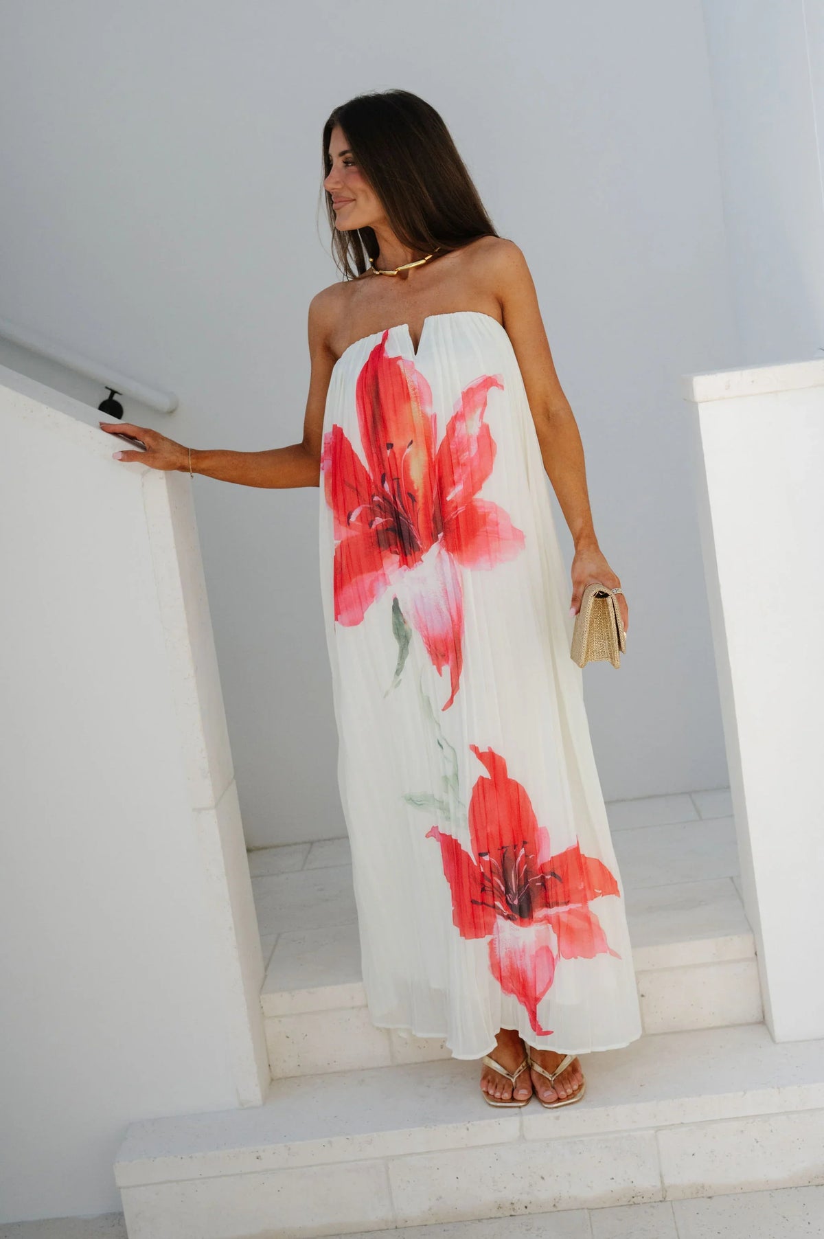 Floral Pleated Strapless Maxi Dress-Cream