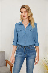 Long Sleeve Denim Lapel Blouse