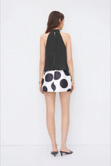 Black Polka Dot Draped Tie Halter Top