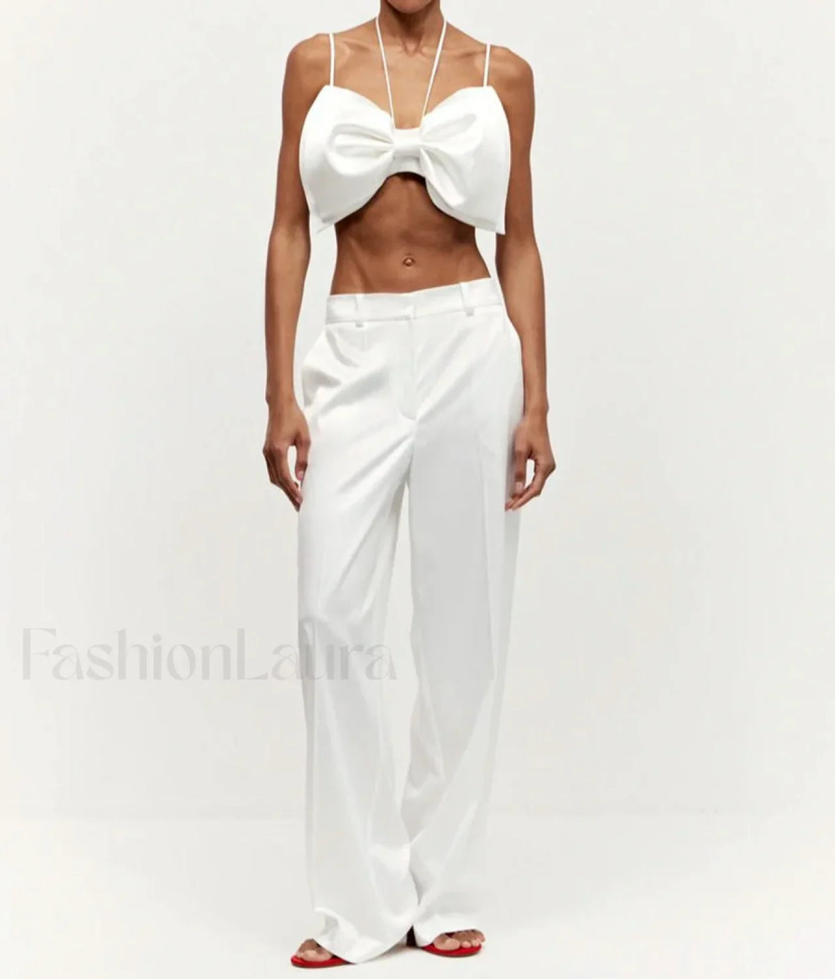Loose White Satin Bow Skirt Two Piece Set