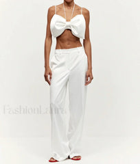 Loose White Satin Bow Skirt Two Piece Set
